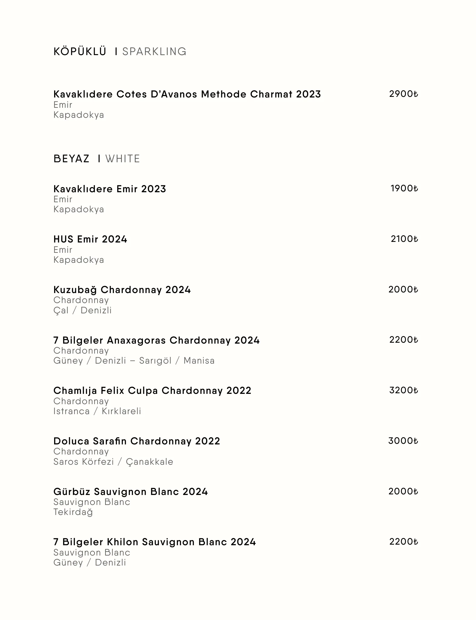 Menü Sayfa 12 - ŞARAP MENÜSÜ (WINE MENU) | BEYAZ (WHITE), KÖPÜKLÜ (SPARKLING)