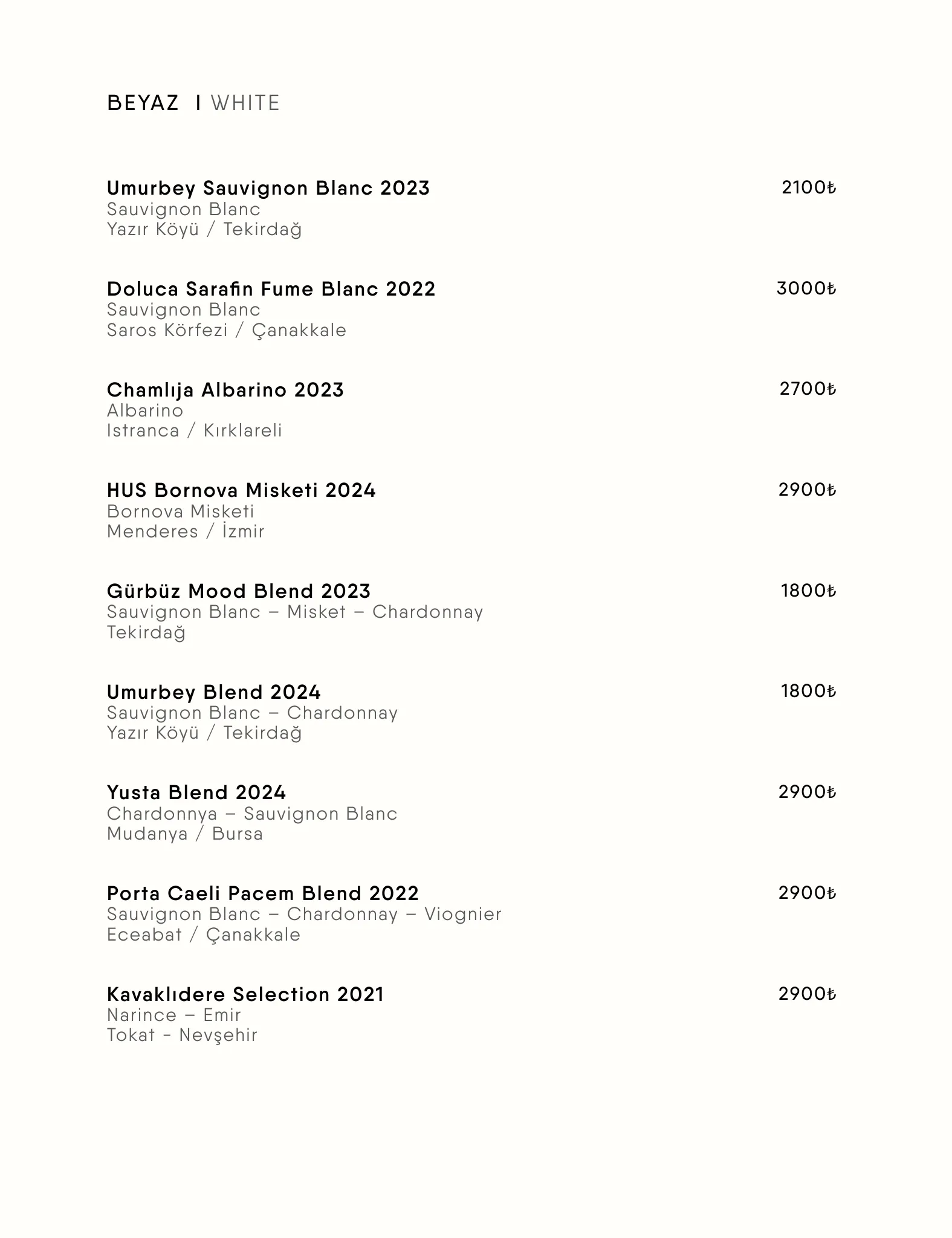 Menü Sayfa 13 - ŞARAP MENÜSÜ (WINE MENU) | BEYAZ (WHITE)