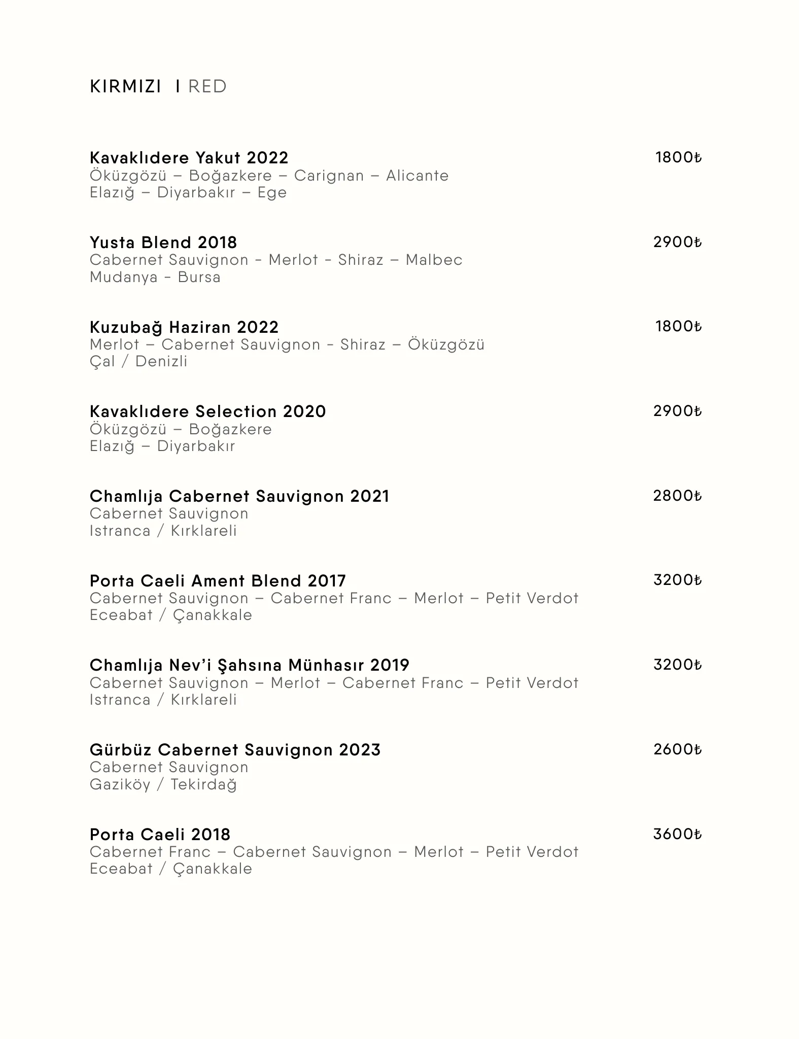 Menü Sayfa 15 - ŞARAP MENÜSÜ (WINE MENU) | KIRMIZI (RED)