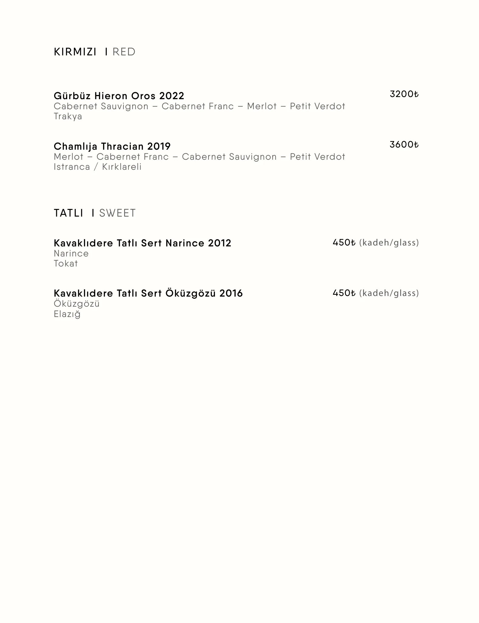 Menü Sayfa 16 - ŞARAP MENÜSÜ (WINE MENU) | KIRMIZI (RED), TATLI (SWEET)