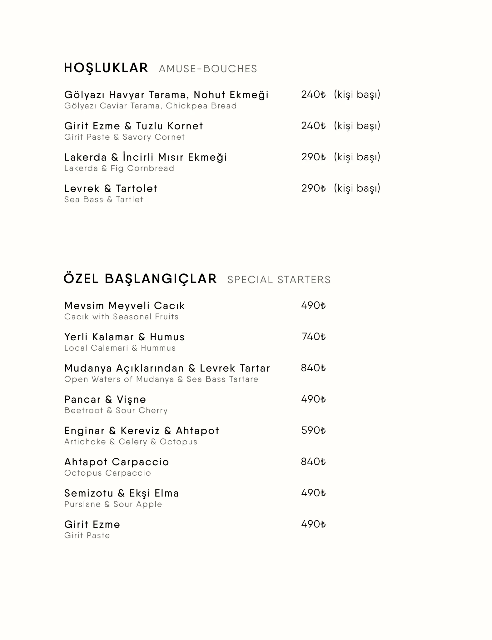 Menü Sayfa 6 - HOŞLUKLAR, ÖZEL BAŞLANGIÇLAR | AMUSE-BOUCHES, SPECIAL STARTERS
